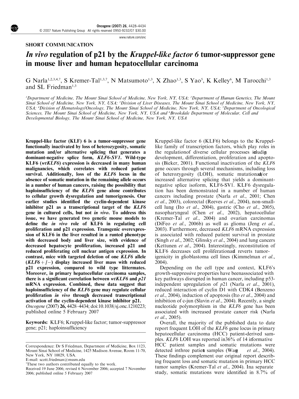 In Vivo Regulation of P21 by the Kruppel-Like Factor 6 Tumor-Suppressor Gene in Mouse Liver and Human Hepatocellular Carcinoma