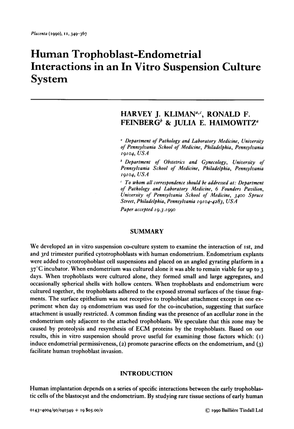 Human Trophoblast-Endometrial Interactions in an in Vitro Suspension Culture System