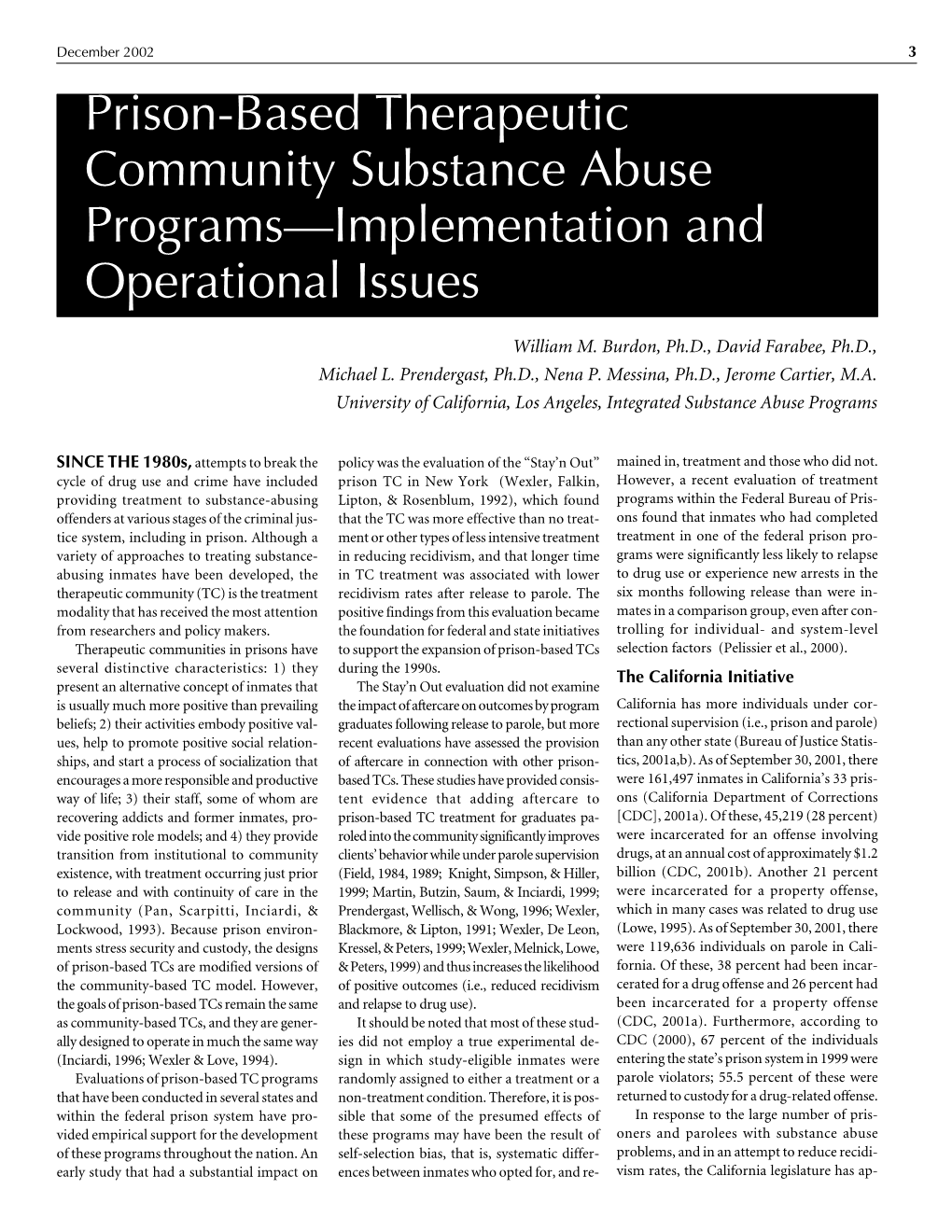 Prison-Based Therapeutic Community Substance Abuse Programs—Implementation and Operational Issues