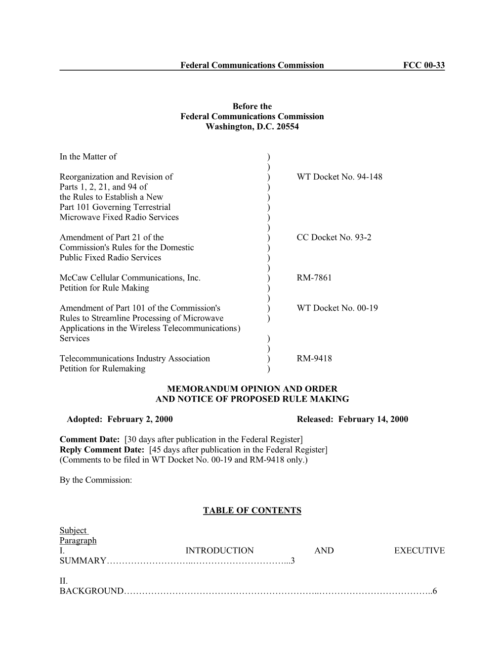 Federal Communications Commission FCC 00-33 Before the Federal