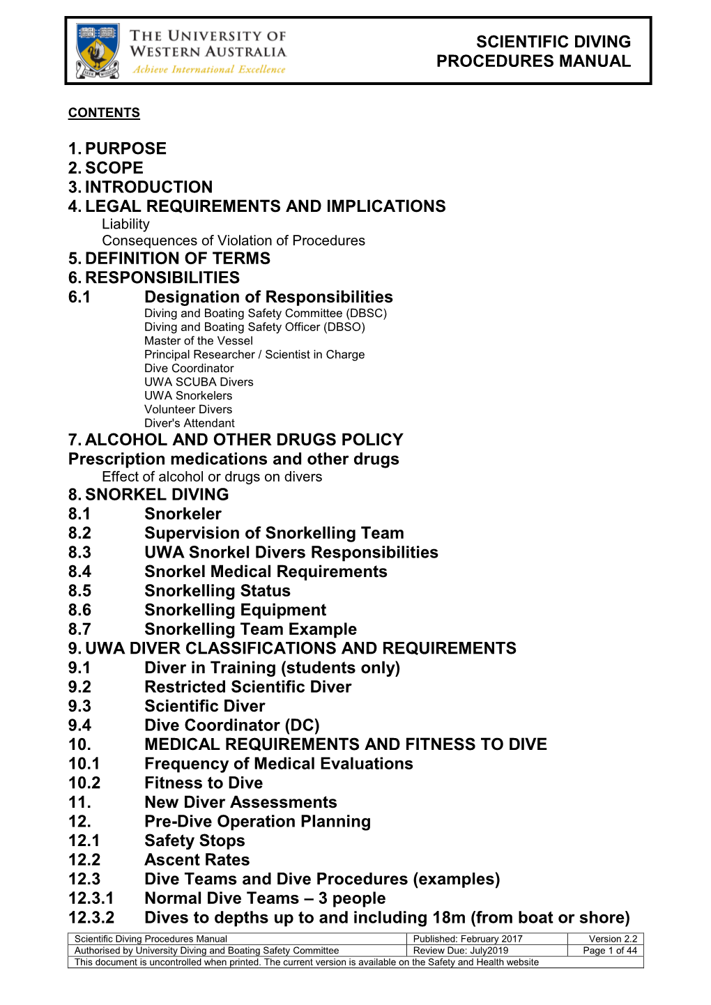 UWA Scientific Diving Procedures Manual