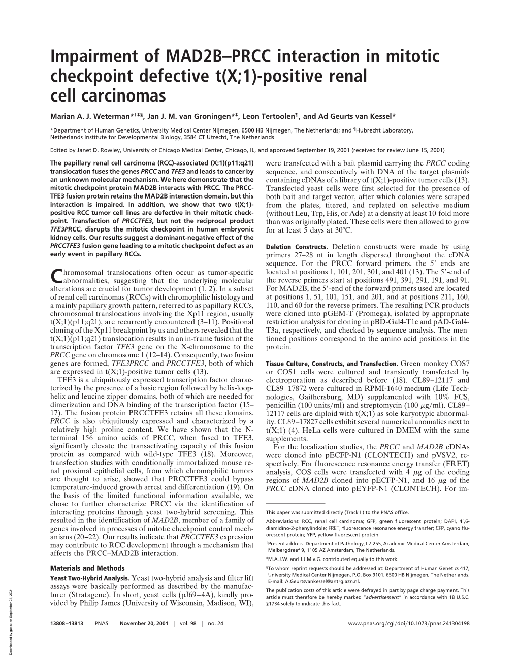 Impairment of MAD2B–PRCC Interaction in Mitotic Checkpoint Defective T(X;1)-Positive Renal Cell Carcinomas