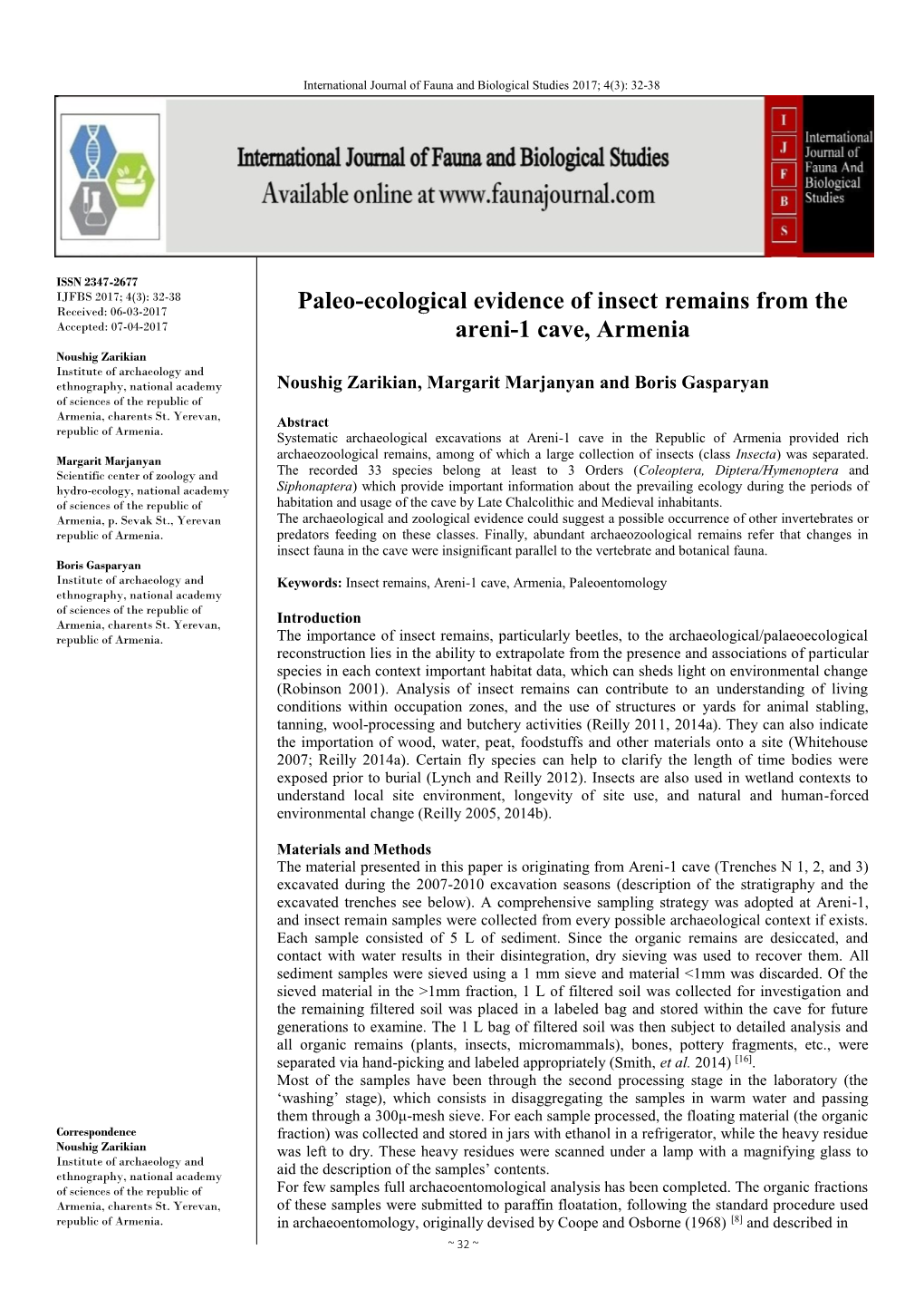 Paleo-Ecological Evidence of Insect Remains from the Areni-1 Cave