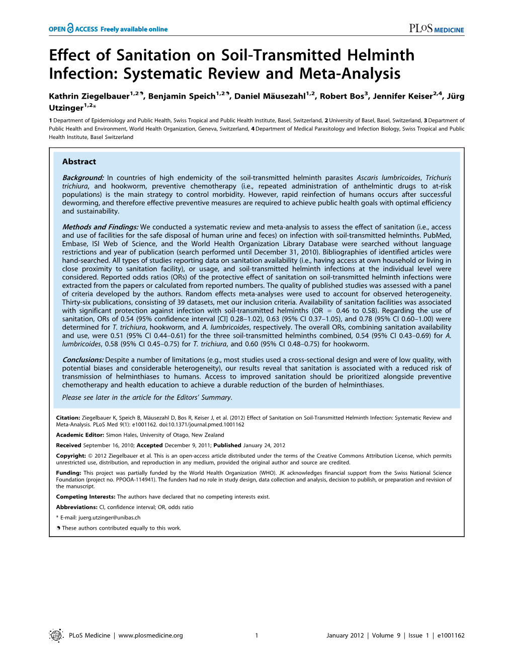 Effect of Sanitation on Soil-Transmitted Helminth Infection: Systematic Review and Meta-Analysis