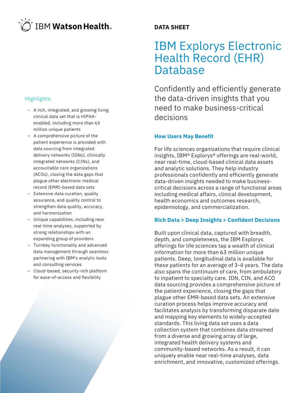 IBM Explorys Electronic Health Record (EHR) Database Data Sheet