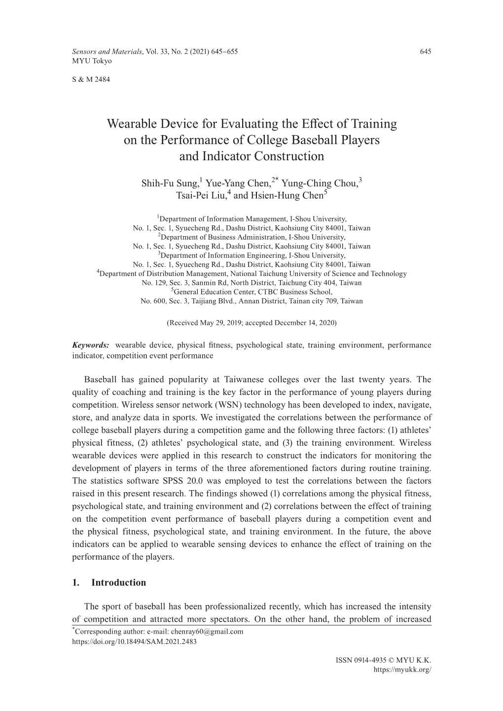 Wearable Device for Evaluating the Effect of Training on the Performance of College Baseball Players and Indicator Construction