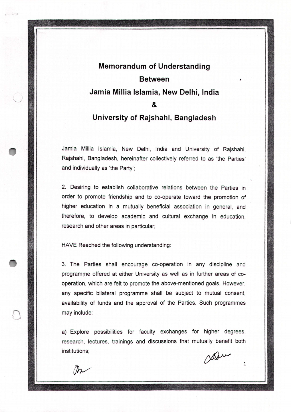 Memorandum of Understanding Between Jamia Millia Islamia, New Delhi, India University of Rajshahi, Bangladesh