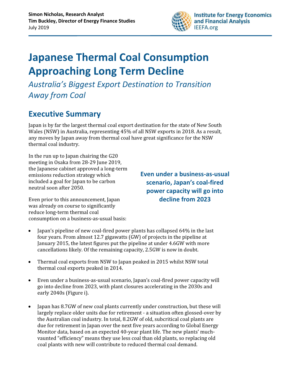 Japanese Thermal Coal Consumption Approaching Long Term Decline Australia’S Biggest Export Destination to Transition Away from Coal