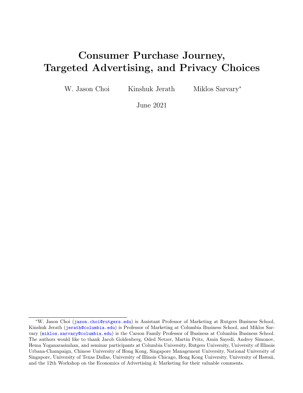 Consumer Purchase Journey, Targeted Advertising, and Privacy Choices