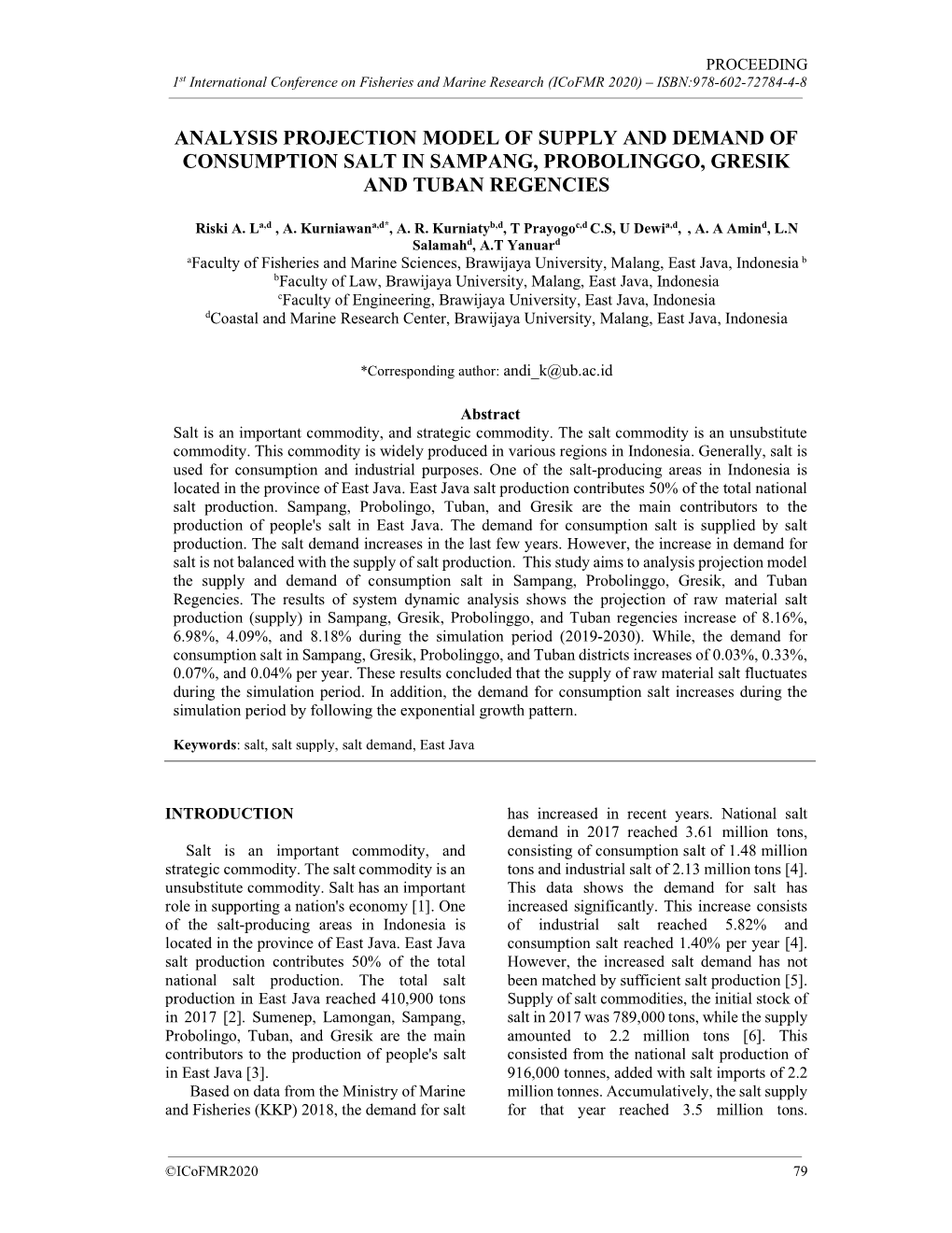 Analysis Projection Model of Supply and Demand of Consumption Salt in Sampang, Probolinggo, Gresik and Tuban Regencies