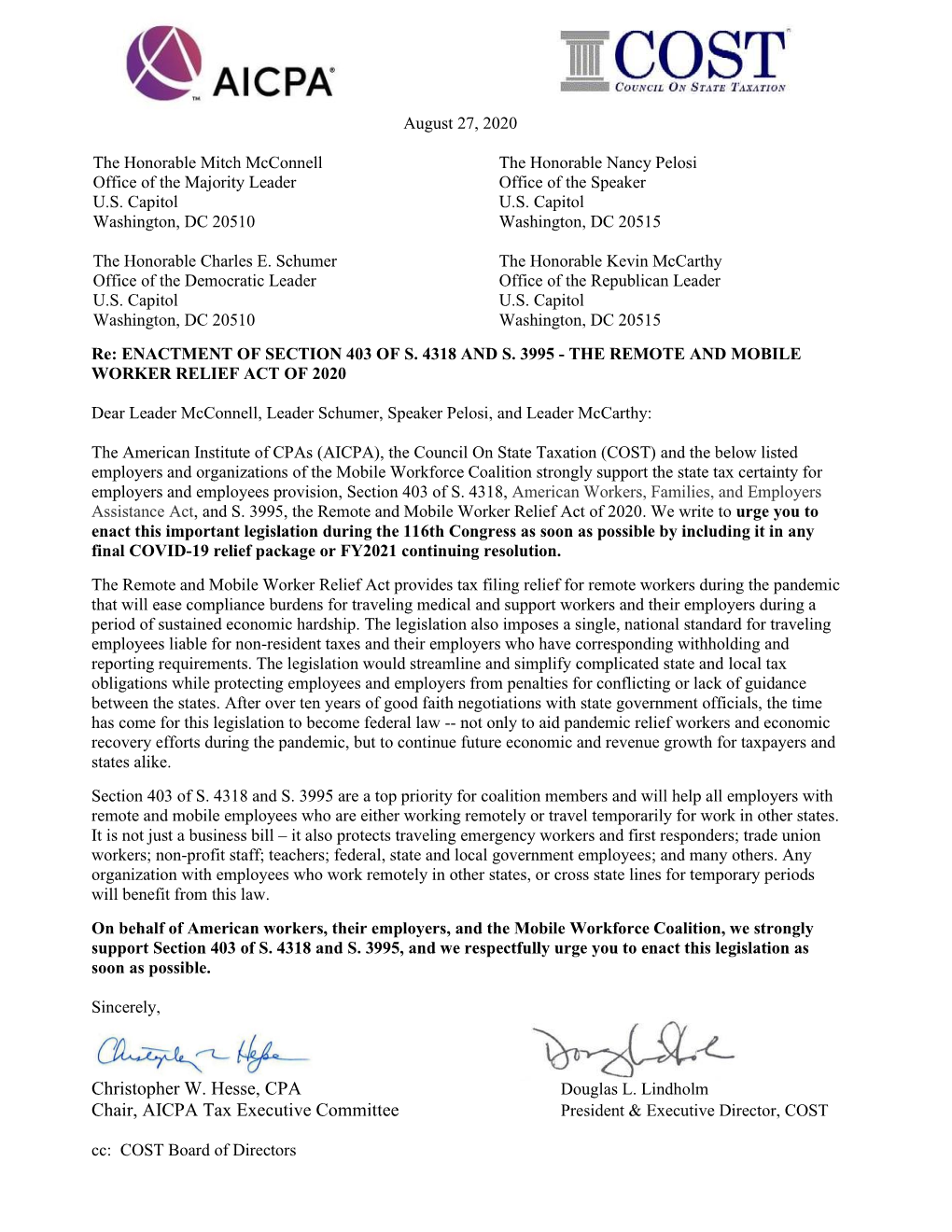 AICPA, COST Lead Letter Urging Congressional Support for State