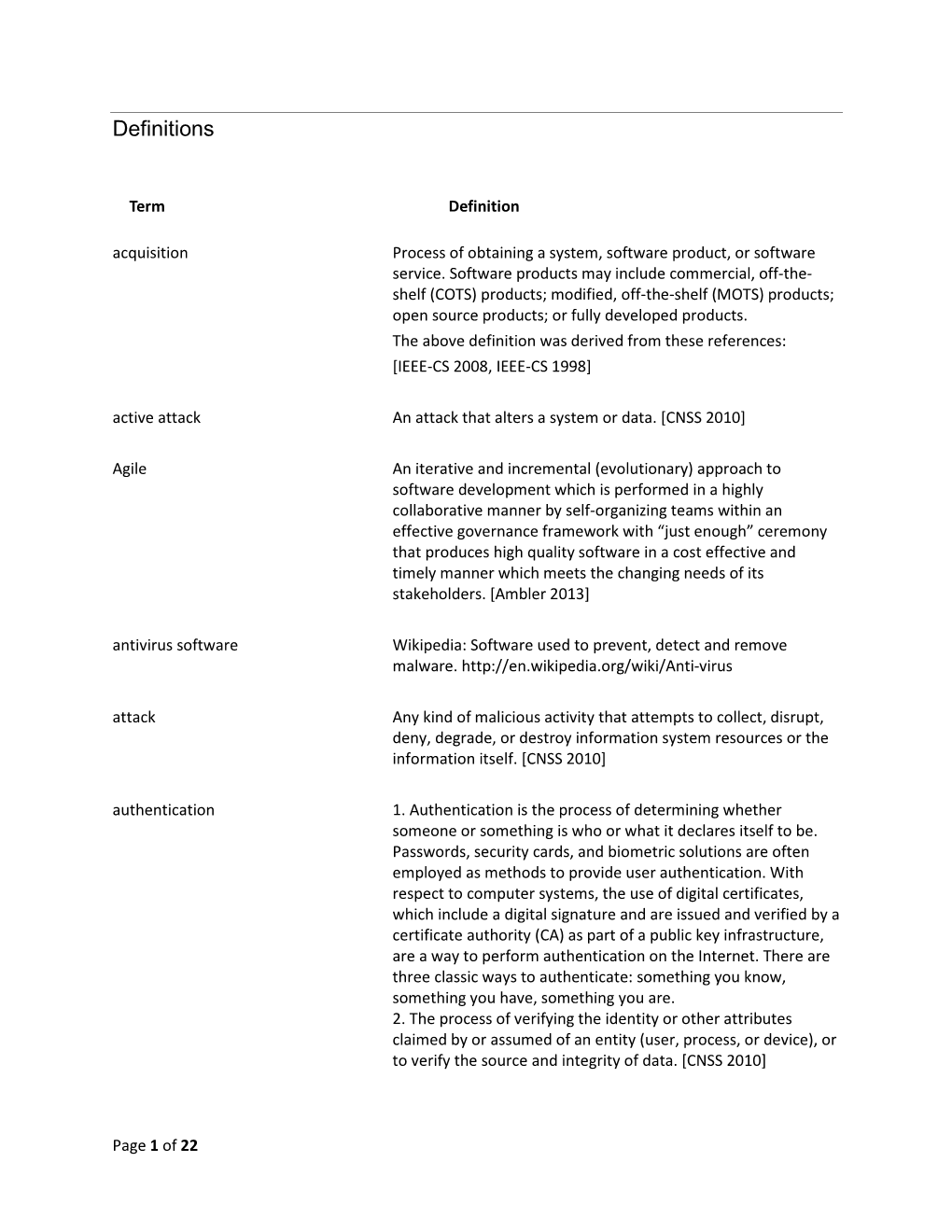 Software Assurance for Executives Definitions