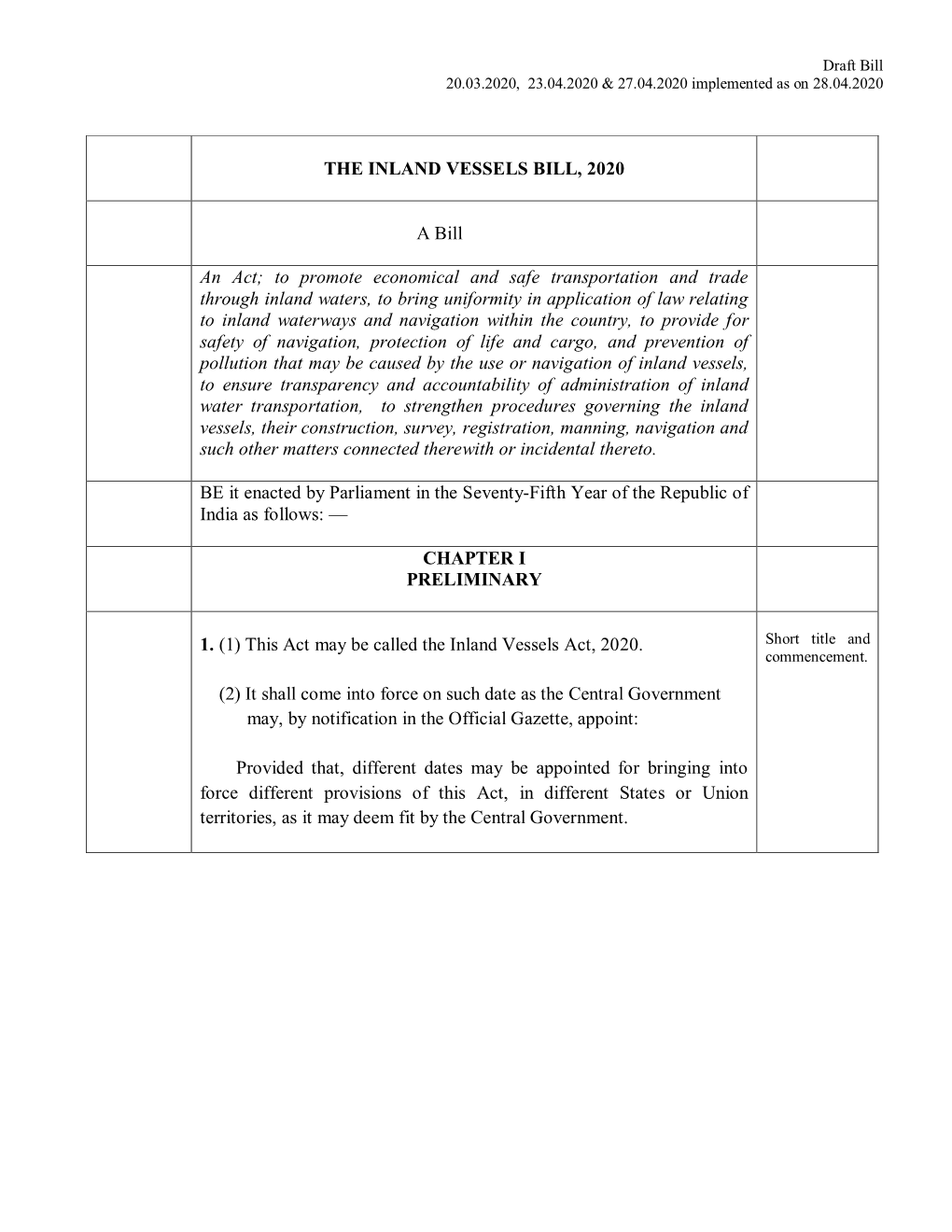 THE INLAND VESSELS BILL, 2020 a Bill An