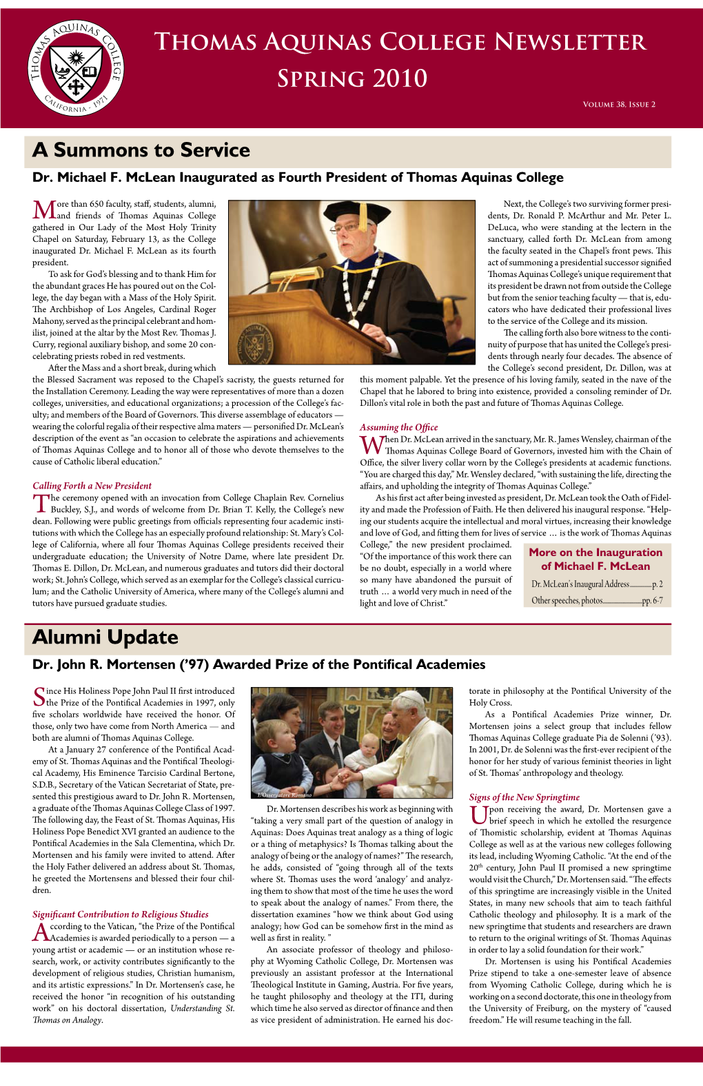 Thomas Aquinas College Newsletter Spring 2010