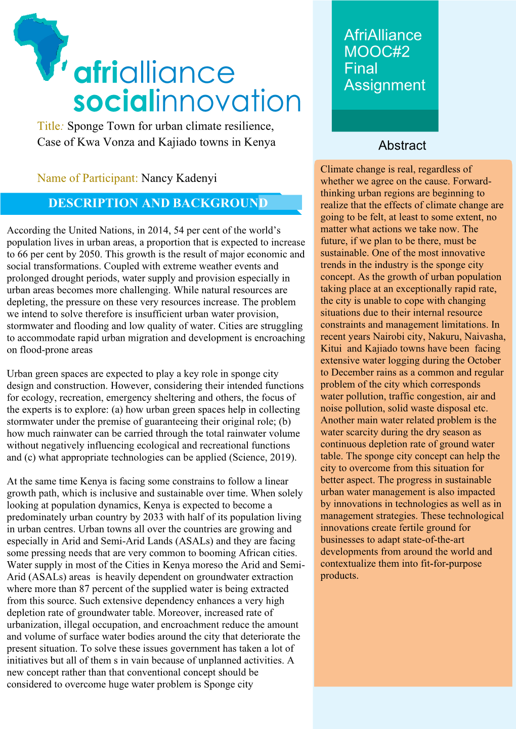 Sponge Town for Urban Climate Resilience, Case of Kwa Vonza and Kajiado Towns in Kenya Abstract