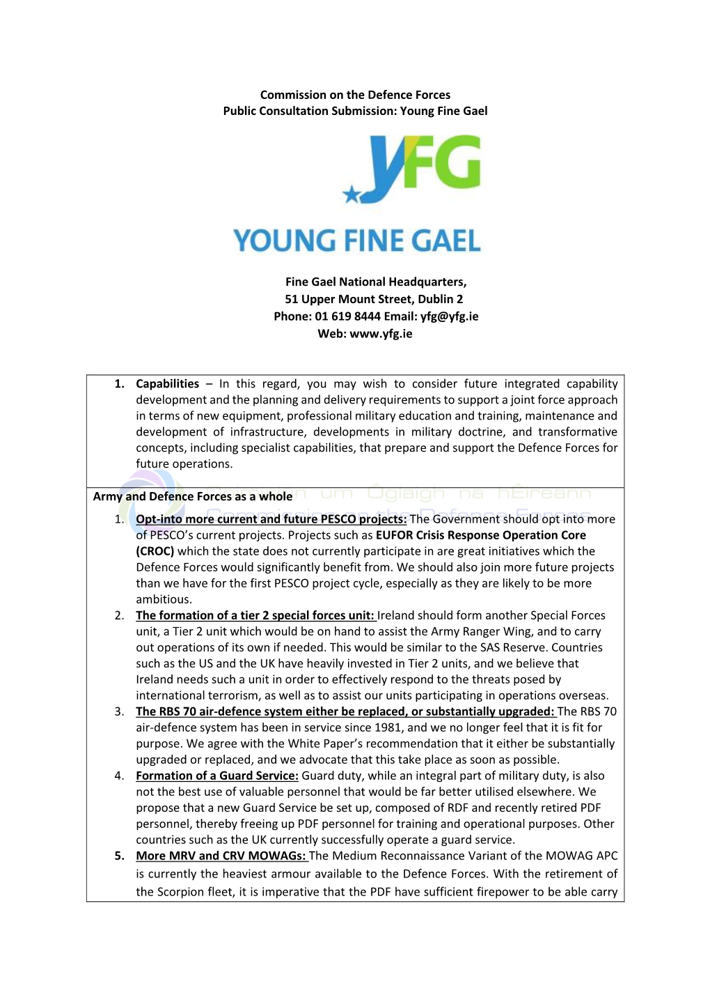 Commission on the Defence Forces Public Consultation Submission: Young Fine Gael