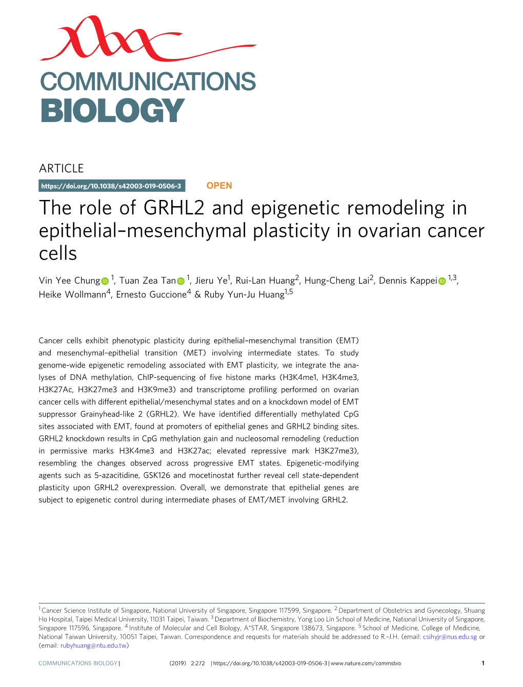 The Role of GRHL2 and Epigenetic Remodeling in Epithelialâ€“Mesenchymal Plasticity in Ovarian Cancer Cells