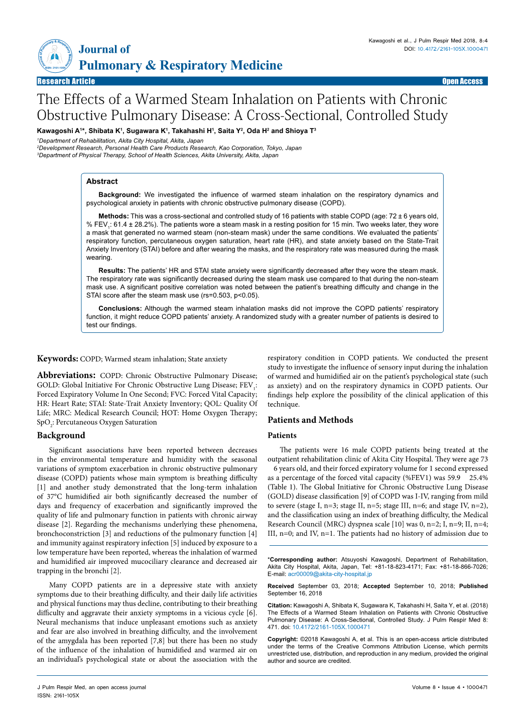 The Effects of a Warmed Steam Inhalation on Patients with Chronic