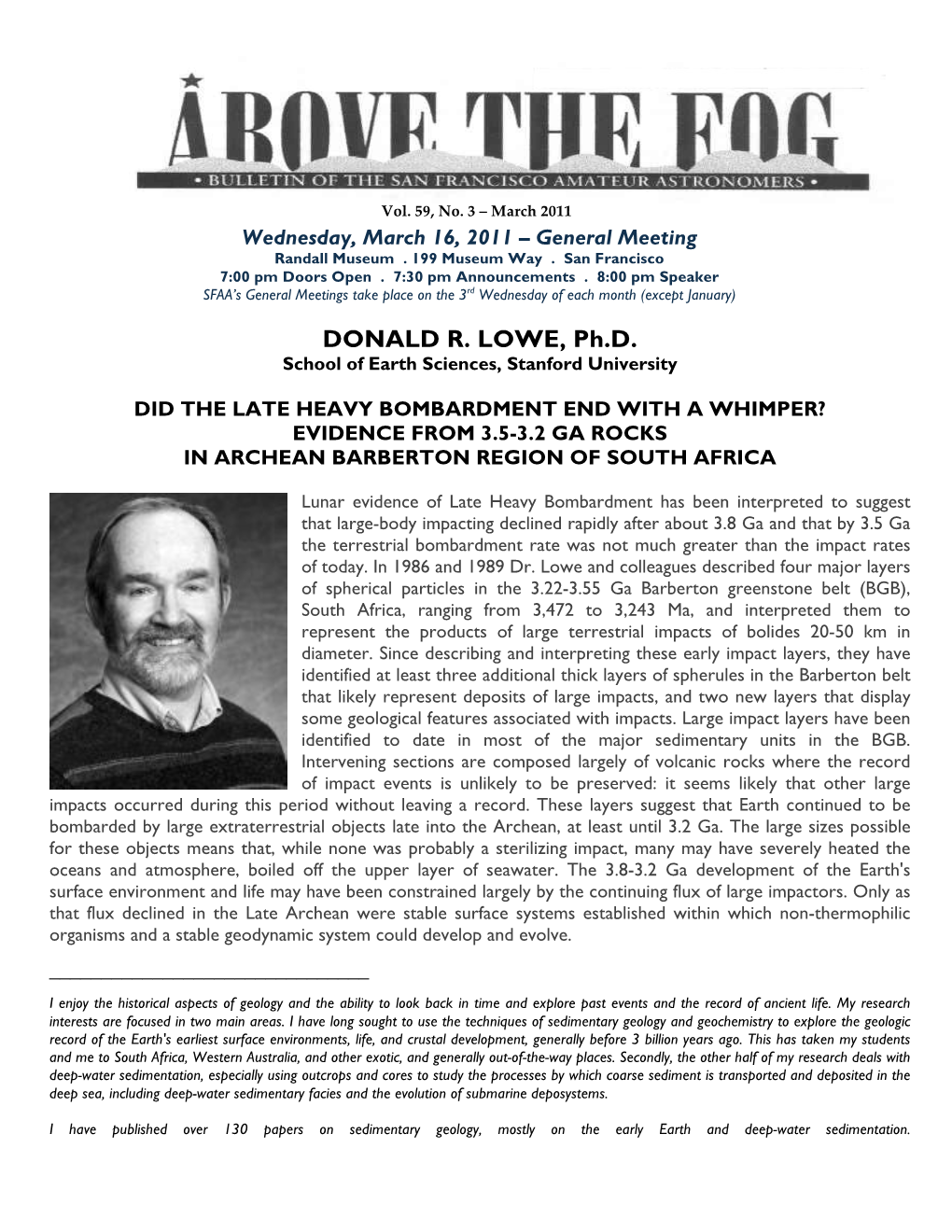 DONALD R. LOWE, Ph.D. School of Earth Sciences, Stanford University