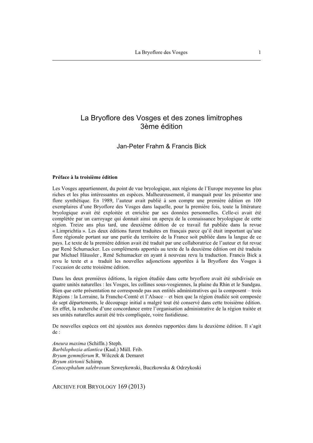 La Bryoflore Des Vosges Et Des Zones Limitrophes 3Ème Édition