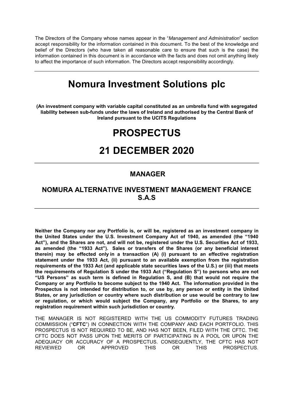 Nomura Investment Solutions Plc PROSPECTUS 21 DECEMBER 2020