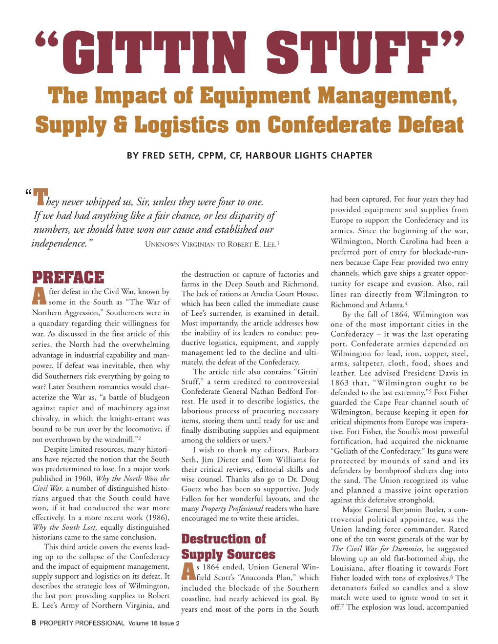 “GITTIN STUFF” the Impact of Equipment Management, Supply & Logistics on Confederate Defeat