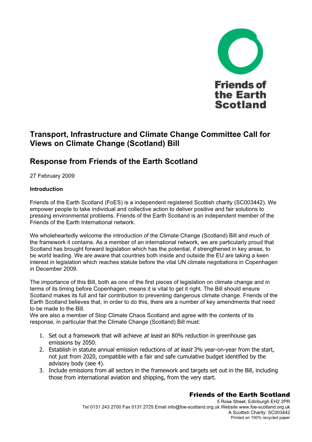 Transport, Infrastructure and Climate Change Committee Call for Views on Climate Change (Scotland) Bill