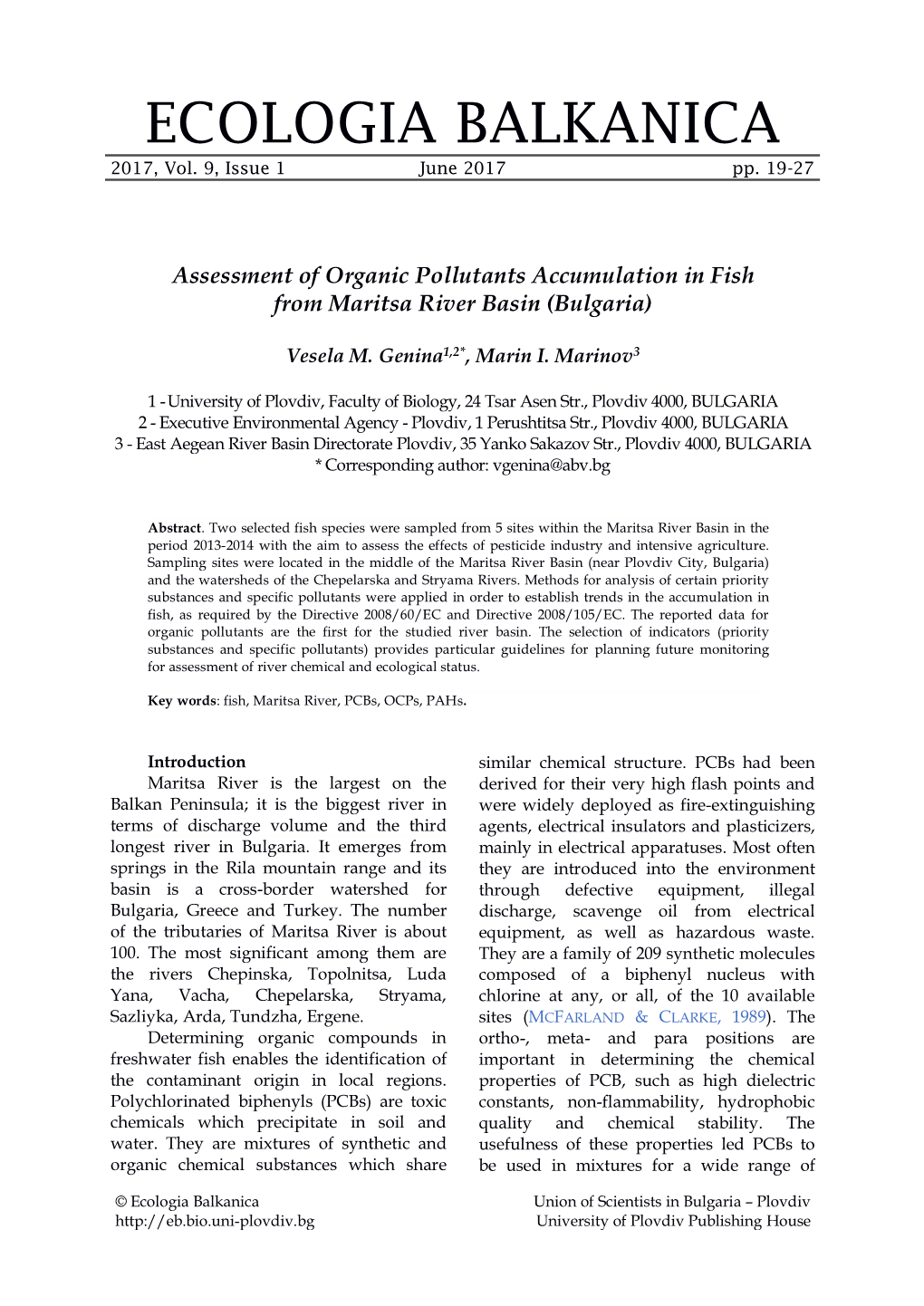 Assessment of Organic Pollutants Accumulation in Fish from Maritsa River Basin (Bulgaria)