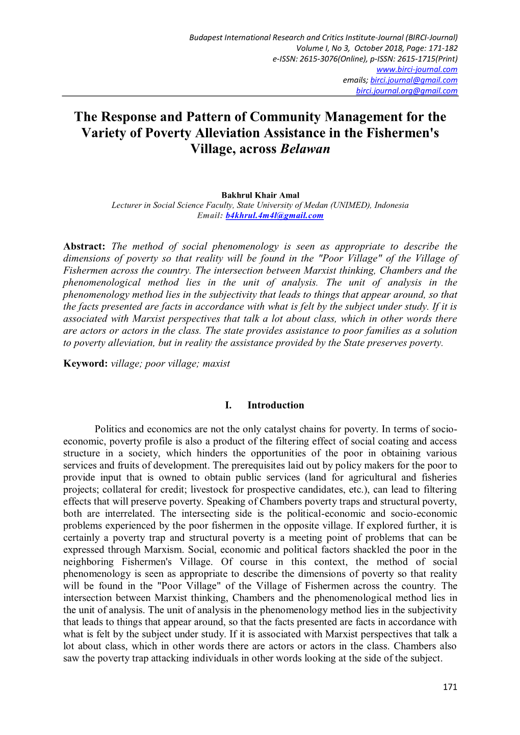 The Response and Pattern of Community Management for the Variety of Poverty Alleviation Assistance in the Fishermen's Village, Across Belawan