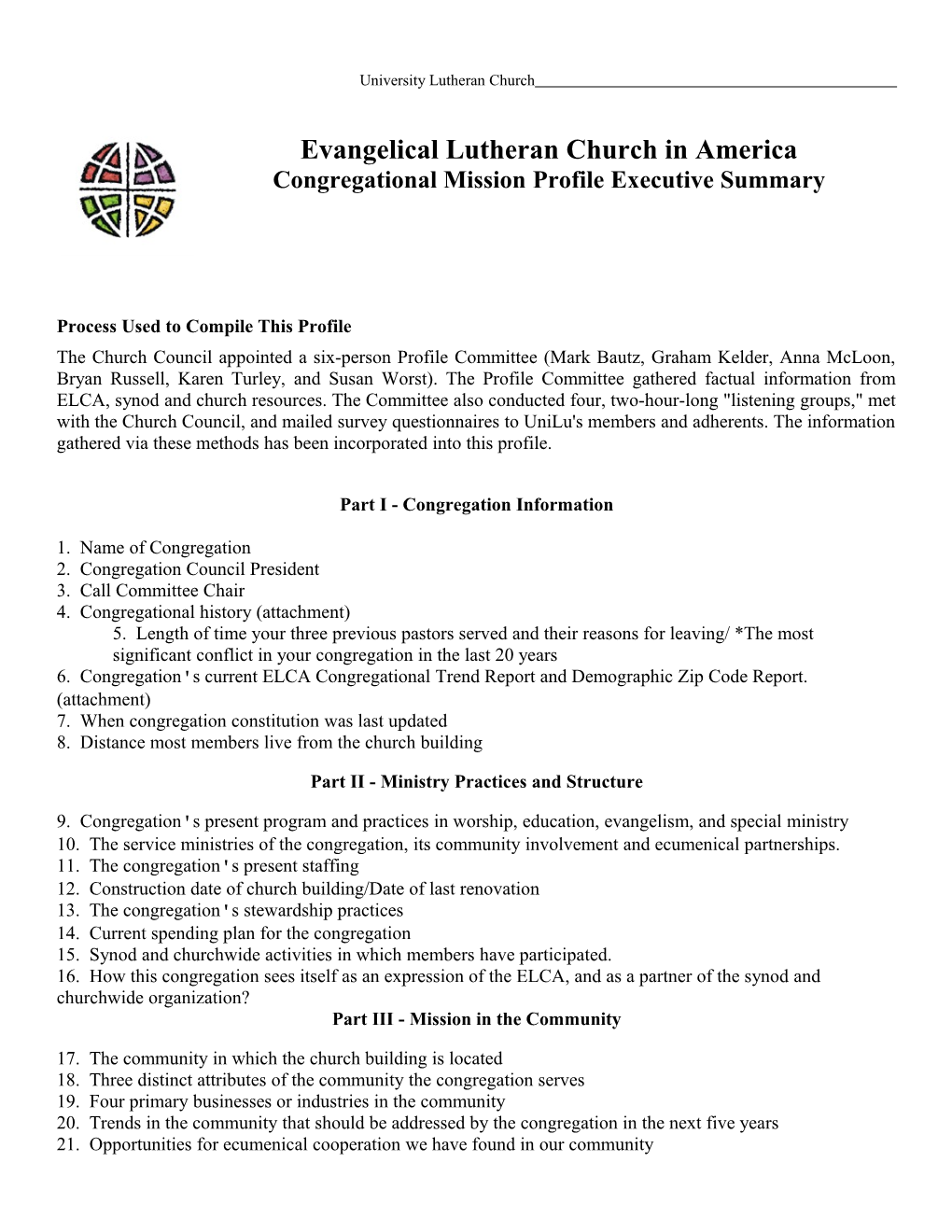 Congregational Mission Profile Executive Summary