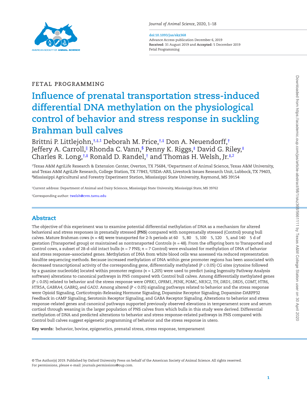 Influence of Prenatal Transportation Stress-Induced Differential DNA Methylation on the Physiological Control of Behavior and St