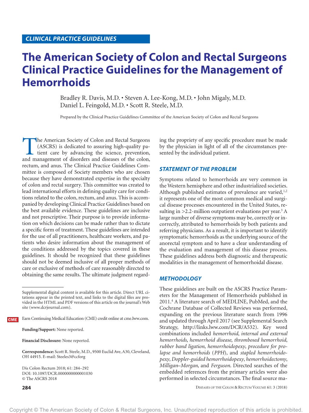 Clinical Practice Guidelines for the Management of Hemorrhoids Bradley R