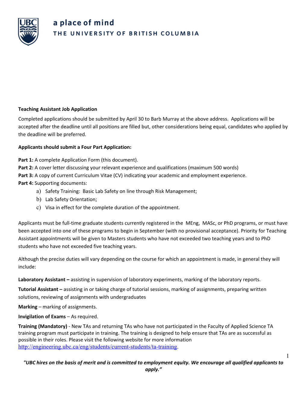 Teaching Assistant Job Application