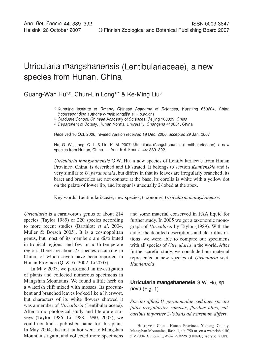 Utricularia Mangshanensis (Lentibulariaceae), a New Species from Hunan, China