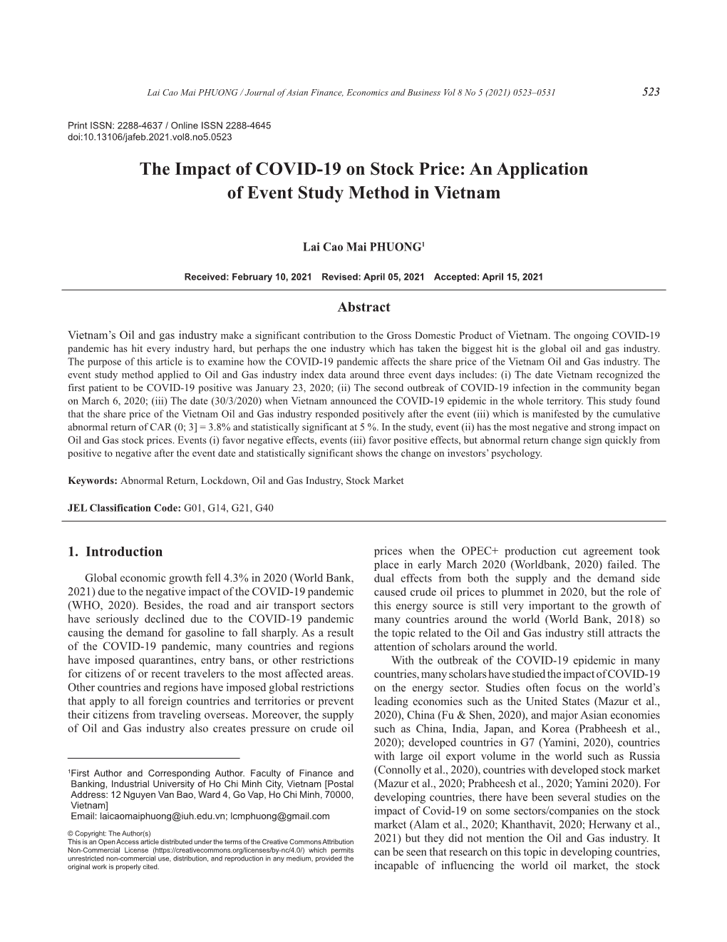 The Impact of COVID-19 on Stock Price: an Application of Event Study Method in Vietnam