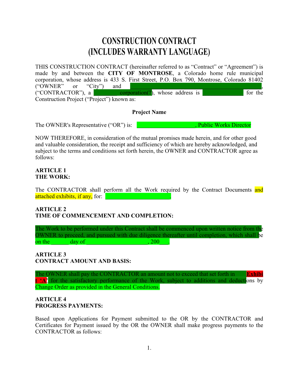 Construction Contract (Includes Warranty Language)