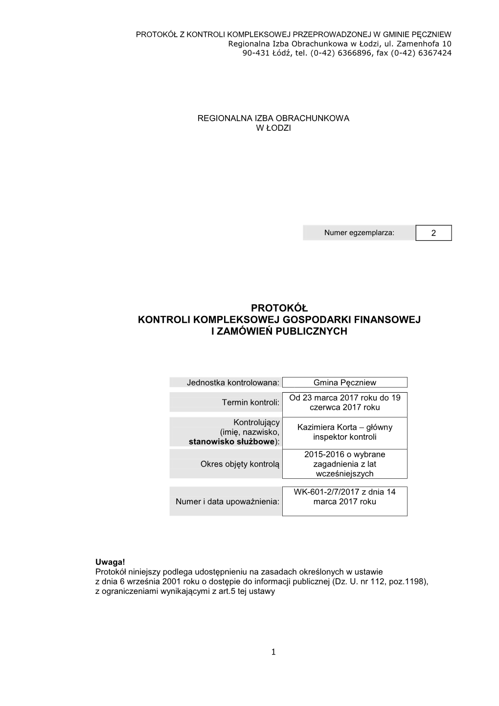 Protokół Kontroli Kompleksowej Gospodarki Finansowej I Zamówień Publicznych