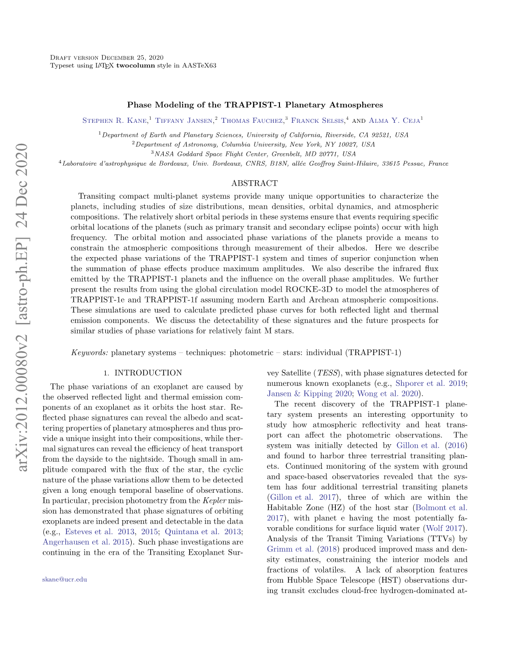 Arxiv:2012.00080V2 [Astro-Ph.EP] 24 Dec 2020 Skane@Ucr.Edu Ie Ogeog Eprlbsln Fobservations