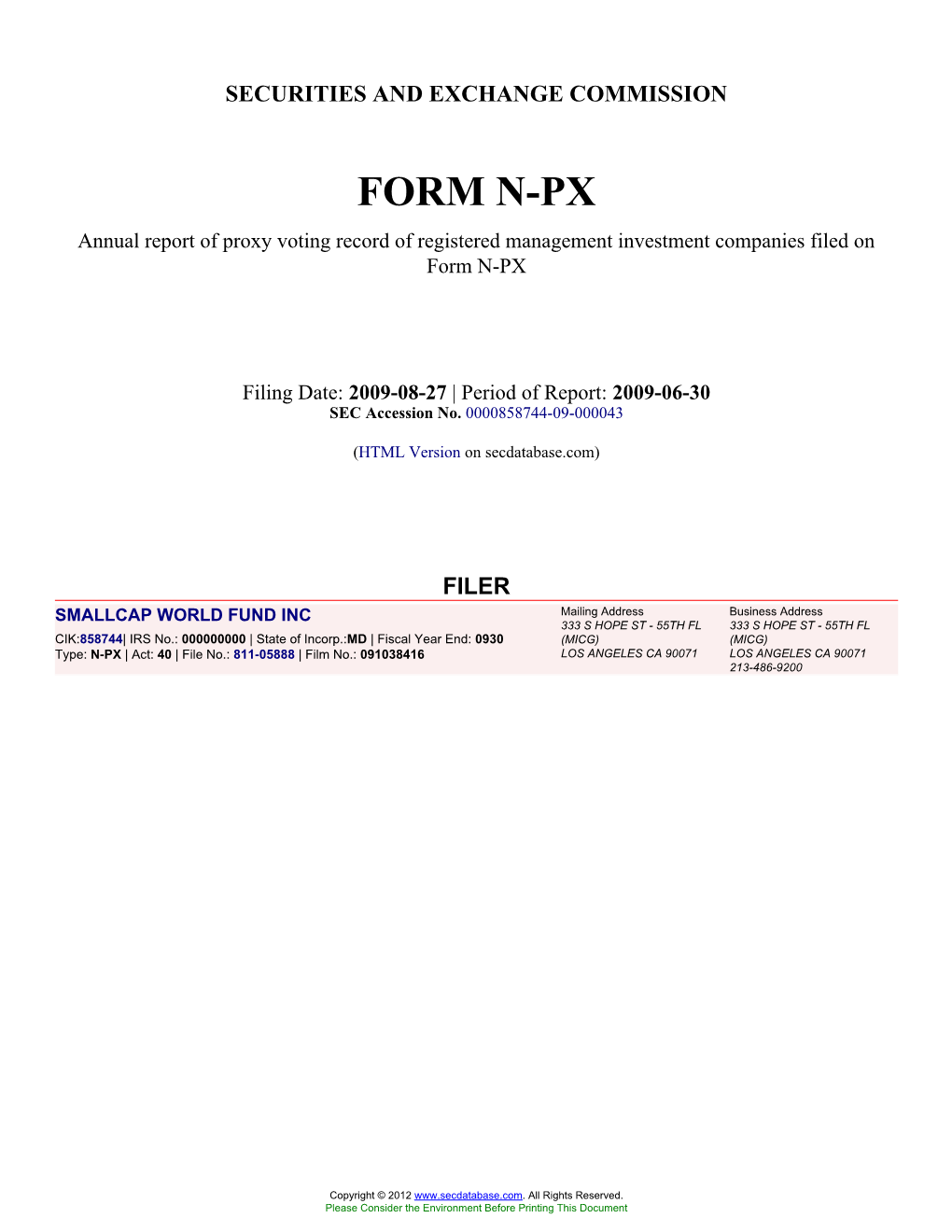 SMALLCAP WORLD FUND INC (Form: N-PX, Filing Date: 08/27/2009)