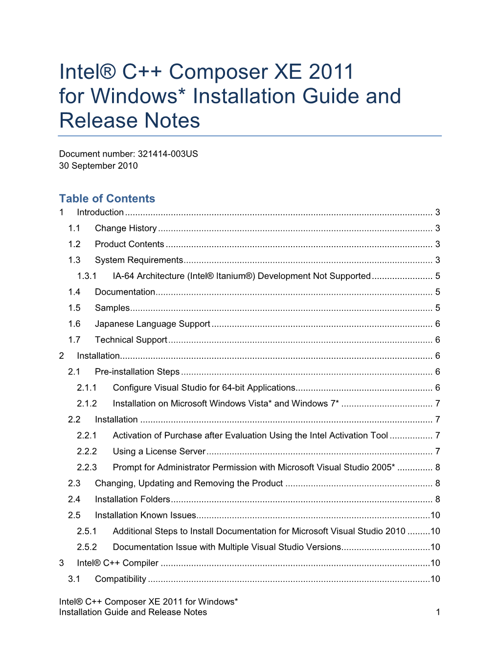 Intel® C++ Composer XE 2011 for Windows* Installation Guide and Release Notes