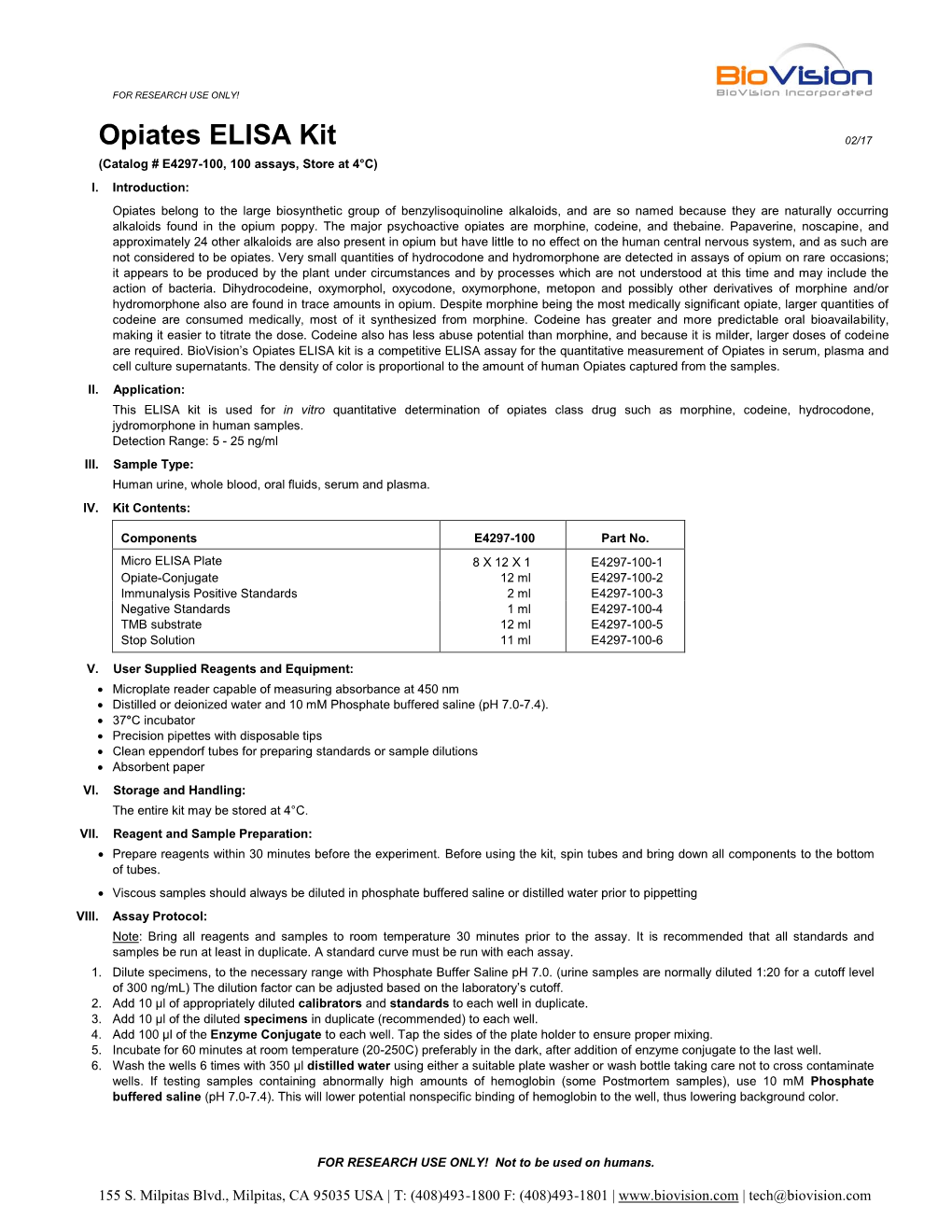 Opiates ELISA Kit 02/17 (Catalog # E4297-100, 100 Assays, Store at 4°C) I