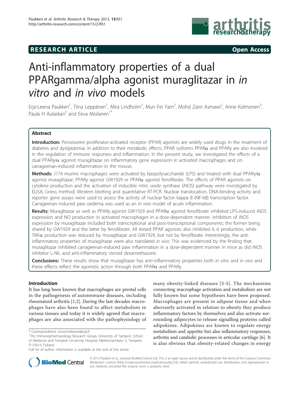 Anti-Inflammatory Properties of a Dual Ppargamma/Alpha Agonist