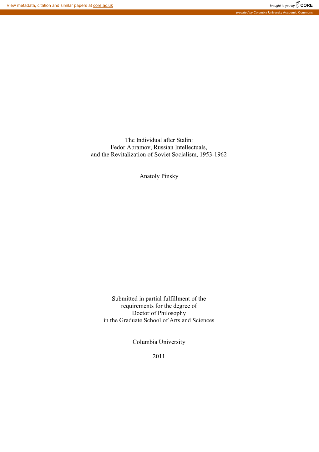 The Individual After Stalin: Fedor Abramov, Russian Intellectuals, and the Revitalization of Soviet Socialism, 1953-1962