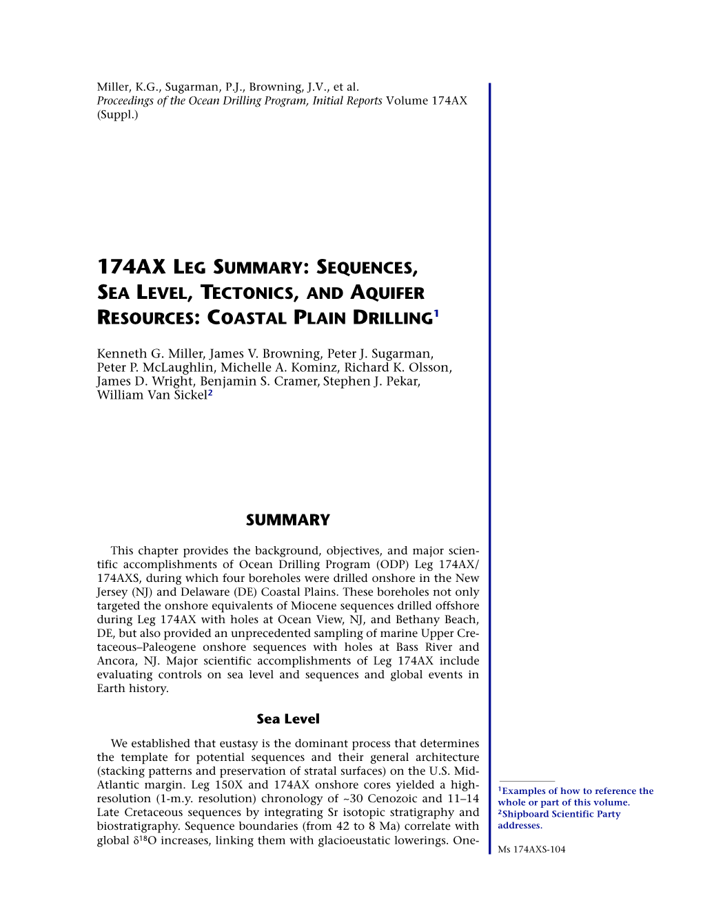 174Ax Leg Summary: Sequences, Sea Level, Tectonics, and Aquifer Resources: Coastal Plain Drilling1