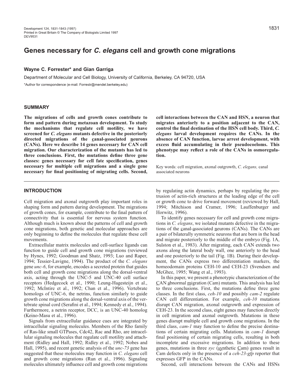 Genes Necessary for C. Elegans Cell and Growth Cone Migrations