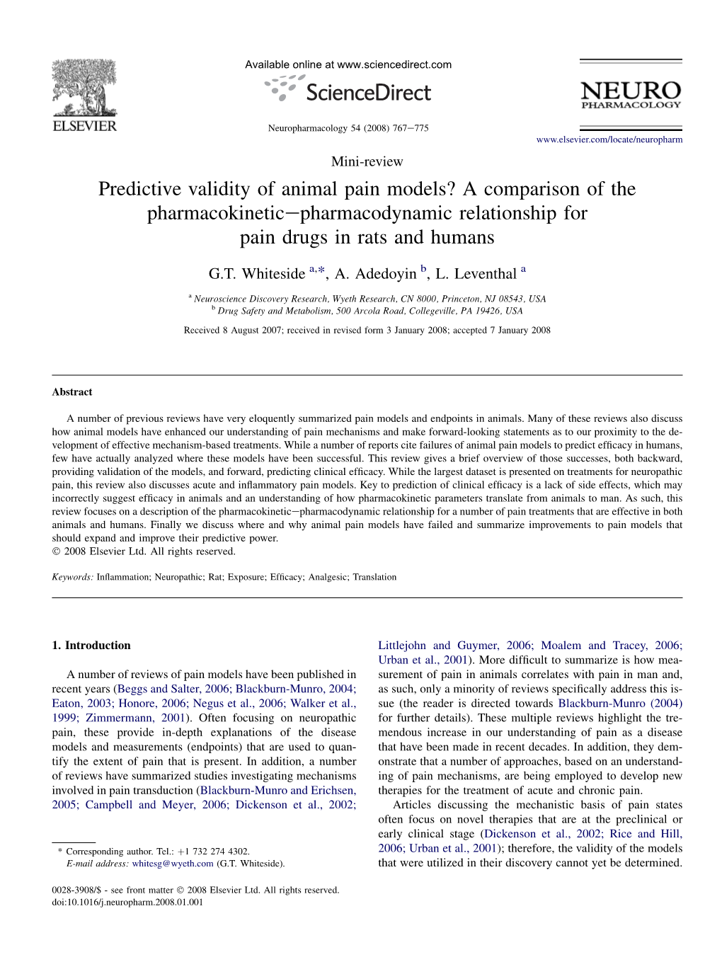 Predictive Validity of Animal Pain Models? a Comparison of the Pharmacokineticepharmacodynamic Relationship for Pain Drugs in Rats and Humans