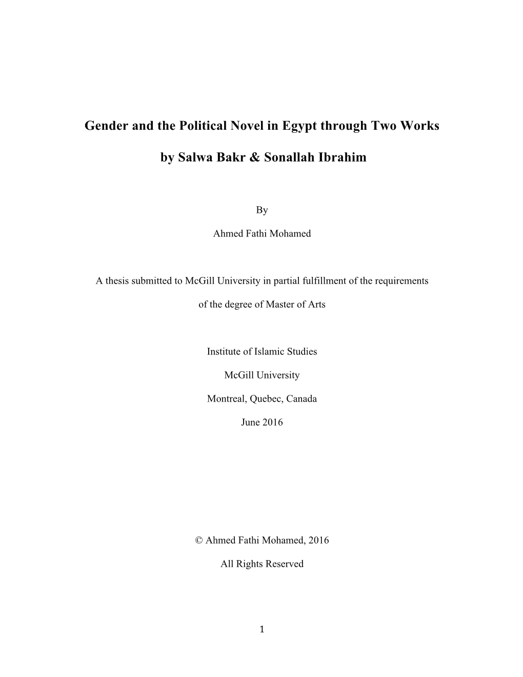 Gender and the Political Novel in Egypt Through Two Works by Salwa Bakr & Sonallah Ibrahim