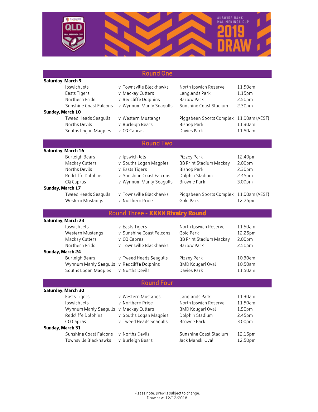 Auswide Bank Mal Meninga Cup 2019 Draw