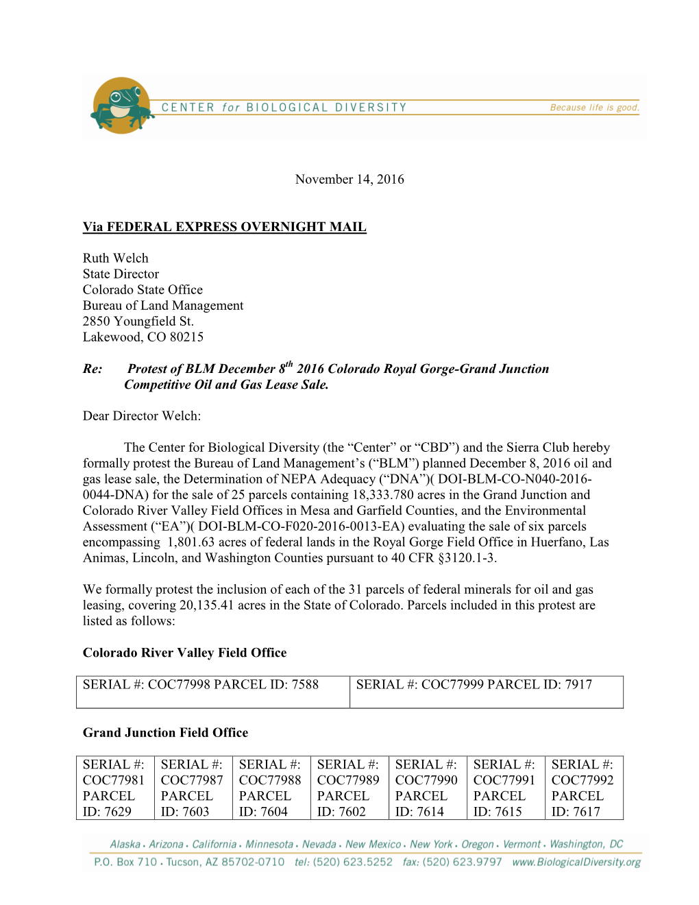 Protest of BLM December 8Th 2016 Colorado Royal Gorge-Grand Junction Competitive Oil and Gas Lease Sale