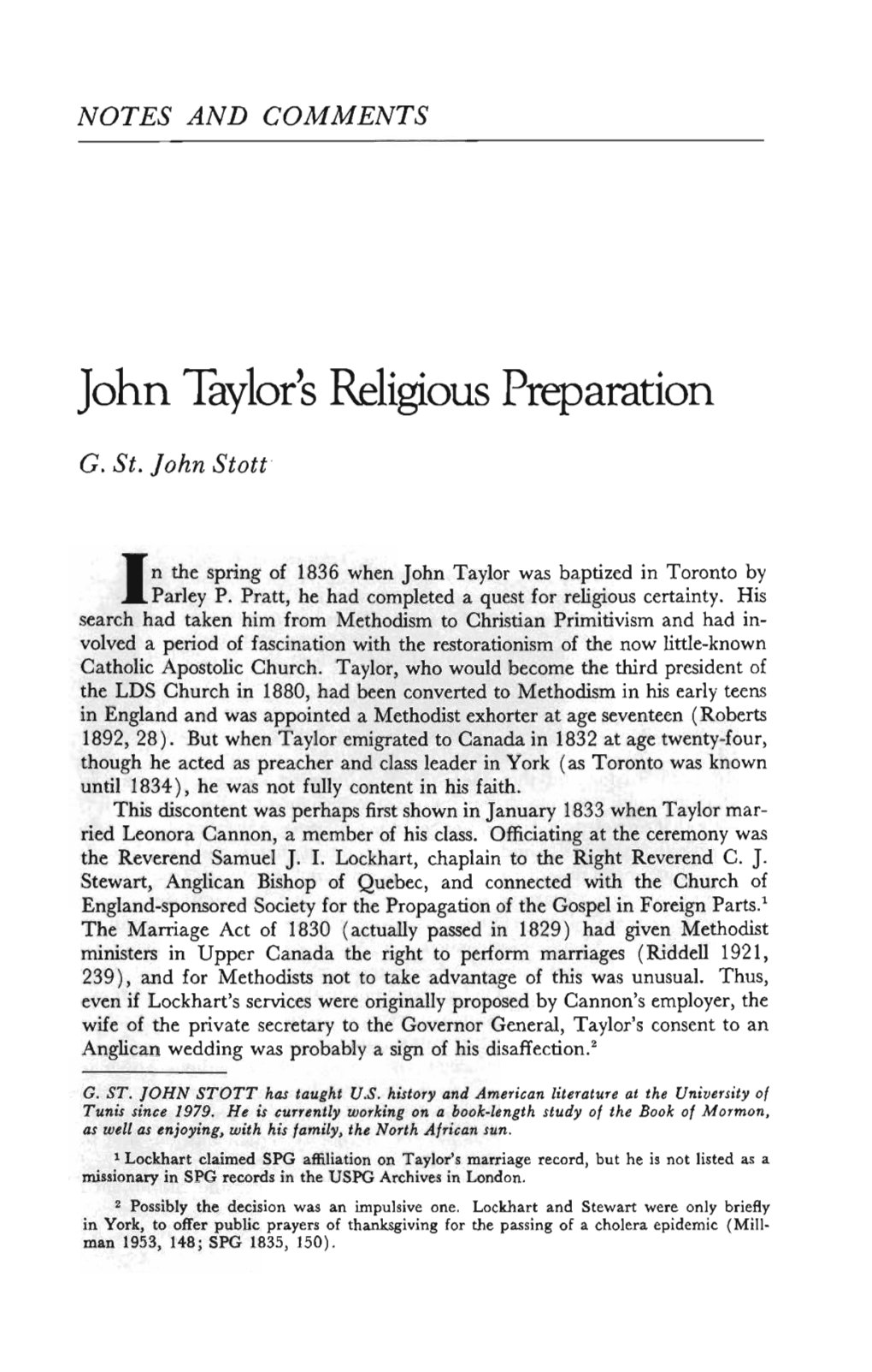 John Taylor's Religious Preparation